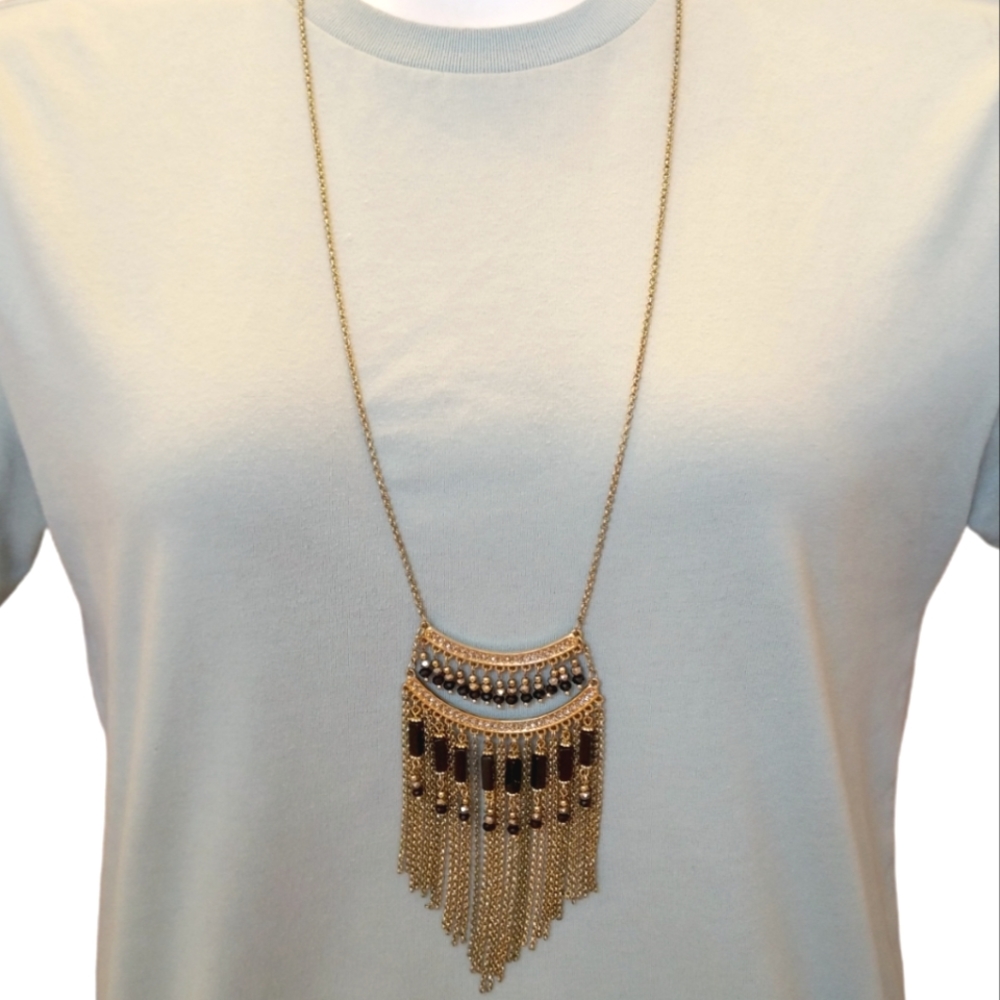 Charming Charlie Tassle Necklace Long Golden Black Rhinestones